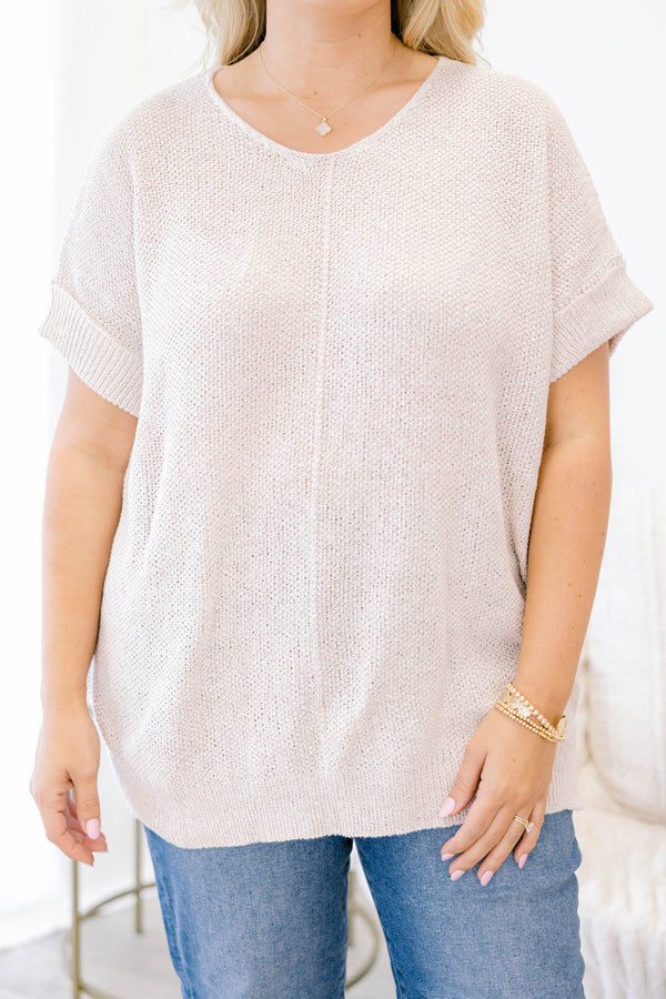 Chic Soul plus size clothing, light tan short sleeve sweater top