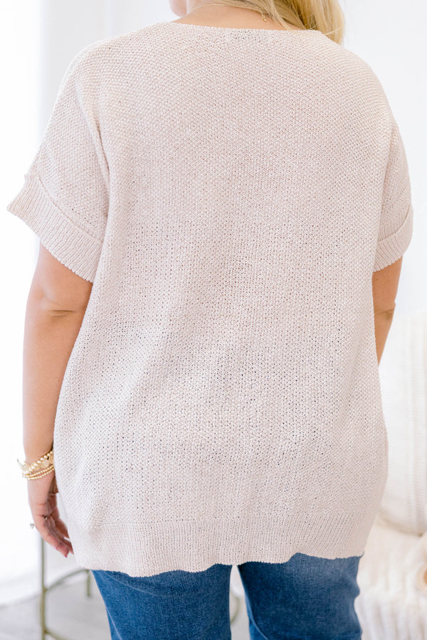 Chic Soul plus size clothing, light tan short sleeve sweater top