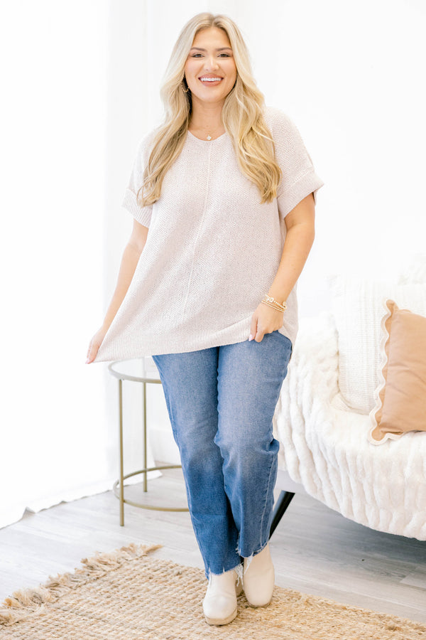 Chic Soul plus size clothing, light tan short sleeve sweater top