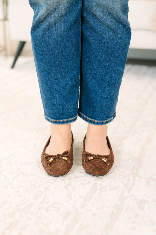 Plus Size coffee brown woven ballet flats with a bow detail and gold accents.