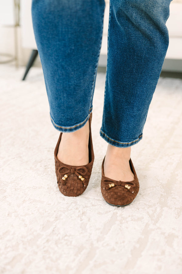 Plus Size coffee brown woven ballet flats with a bow detail and gold accents.