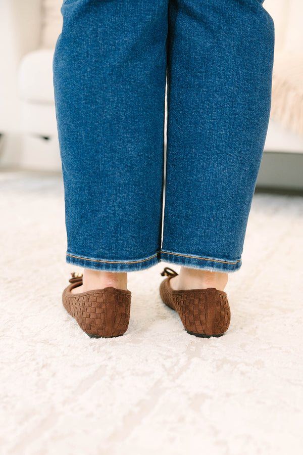 Plus Size coffee brown woven ballet flats with a bow detail and gold accents.
