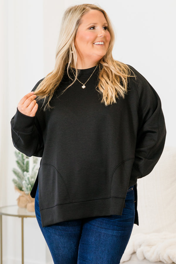 Chic Soul plus size clothing, black long sleeve sweatshirt/pullover with round neckline with cuff sleeves with band along the bottom with slits on each side