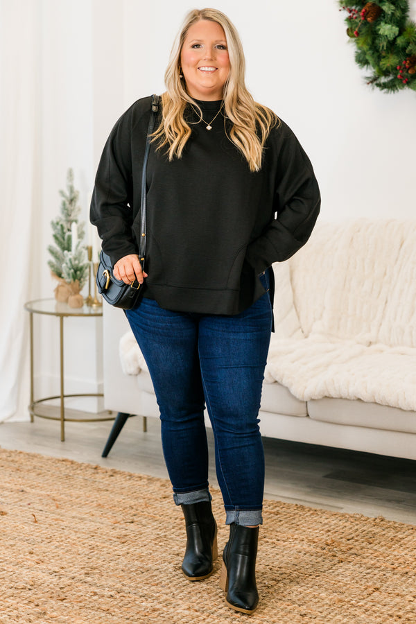 Chic Soul plus size clothing, black long sleeve sweatshirt/pullover with round neckline with cuff sleeves with band along the bottom with slits on each side