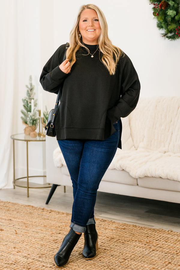 Chic Soul plus size clothing, black long sleeve sweatshirt/pullover with round neckline with cuff sleeves with band along the bottom with slits on each side