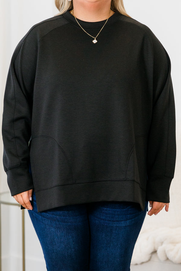 Chic Soul plus size clothing, black long sleeve sweatshirt/pullover with round neckline with cuff sleeves with band along the bottom with slits on each side