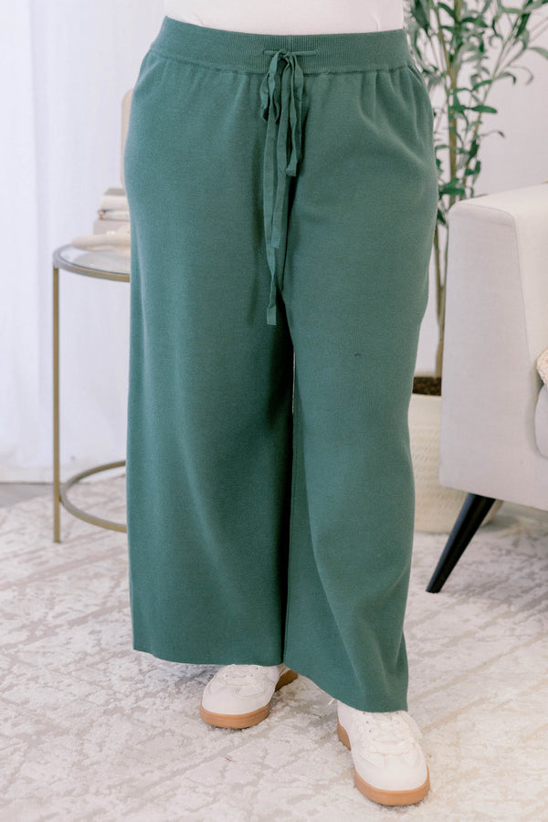 Chic Soul plus size clothing,  green knit pants with side pockets and stretchy drawstring waistband