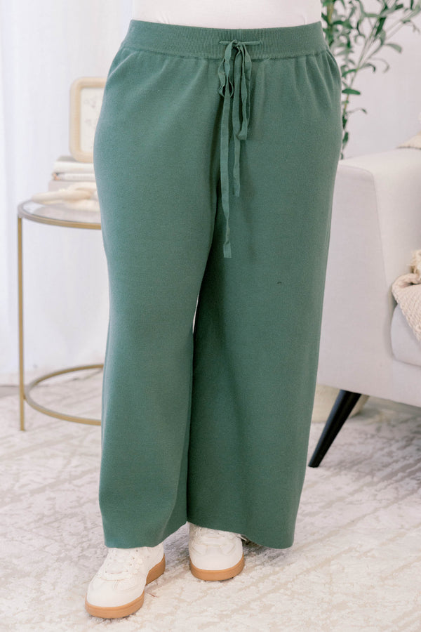 Chic Soul plus size clothing,  green knit pants with side pockets and stretchy drawstring waistband