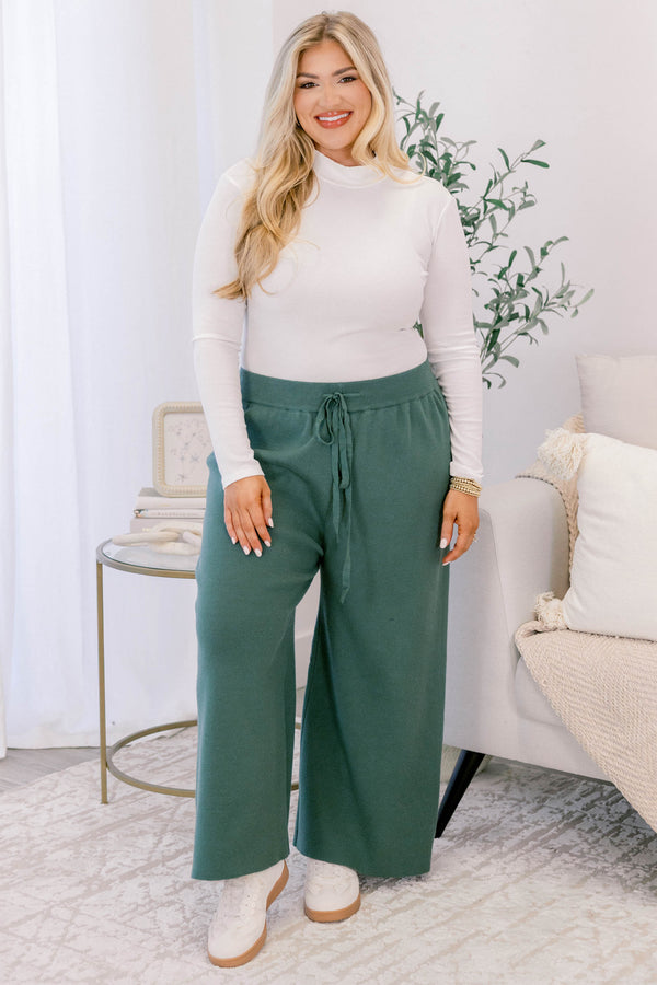 Chic Soul plus size clothing,  green knit pants with side pockets and stretchy drawstring waistband