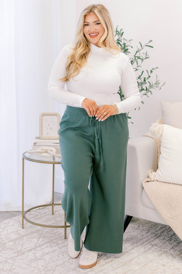 Chic Soul plus size clothing,  green knit pants with side pockets and stretchy drawstring waistband