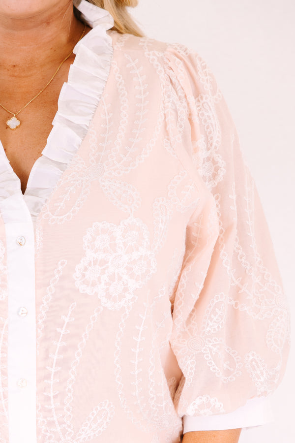 Chic soul plus size clothing, blush pink ¾ sleeve button up top with white floral detailing
