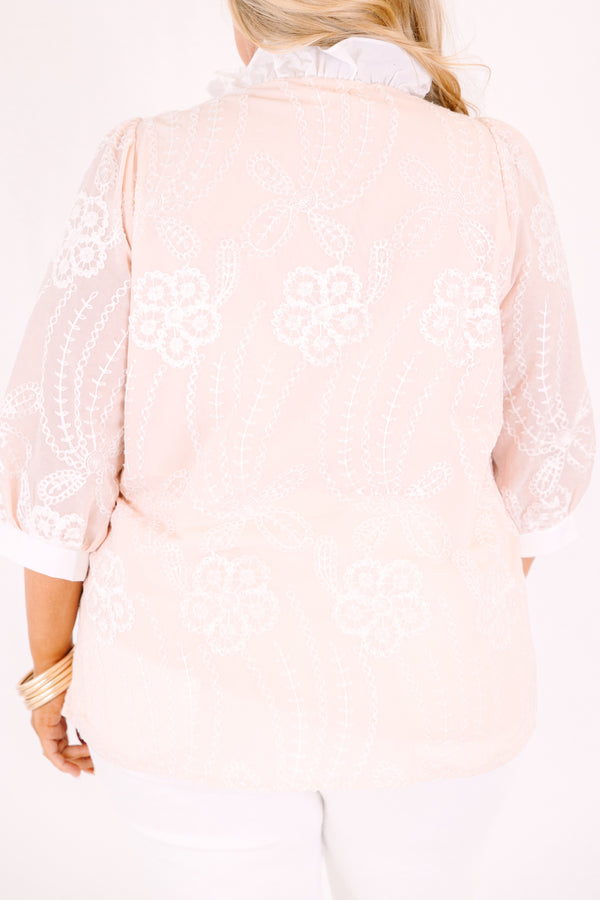 Chic soul plus size clothing, blush pink ¾ sleeve button up top with white floral detailing
