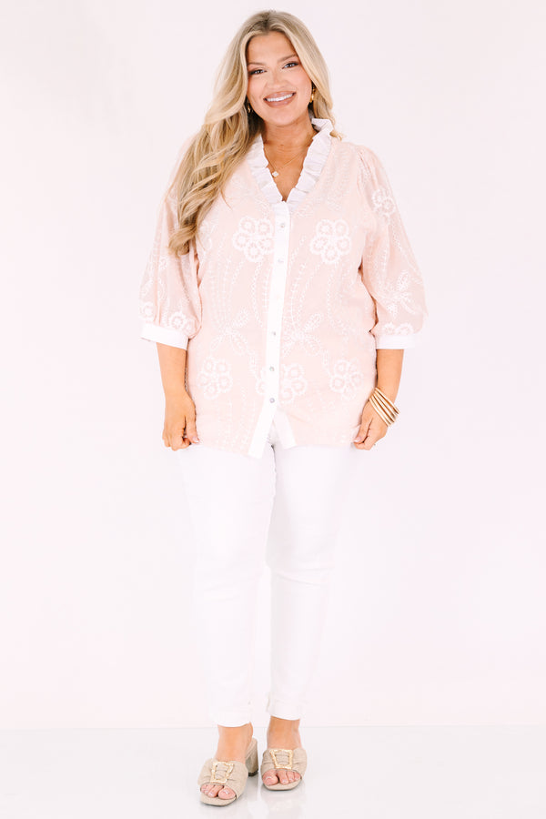 Chic soul plus size clothing, blush pink ¾ sleeve button up top with white floral detailing
