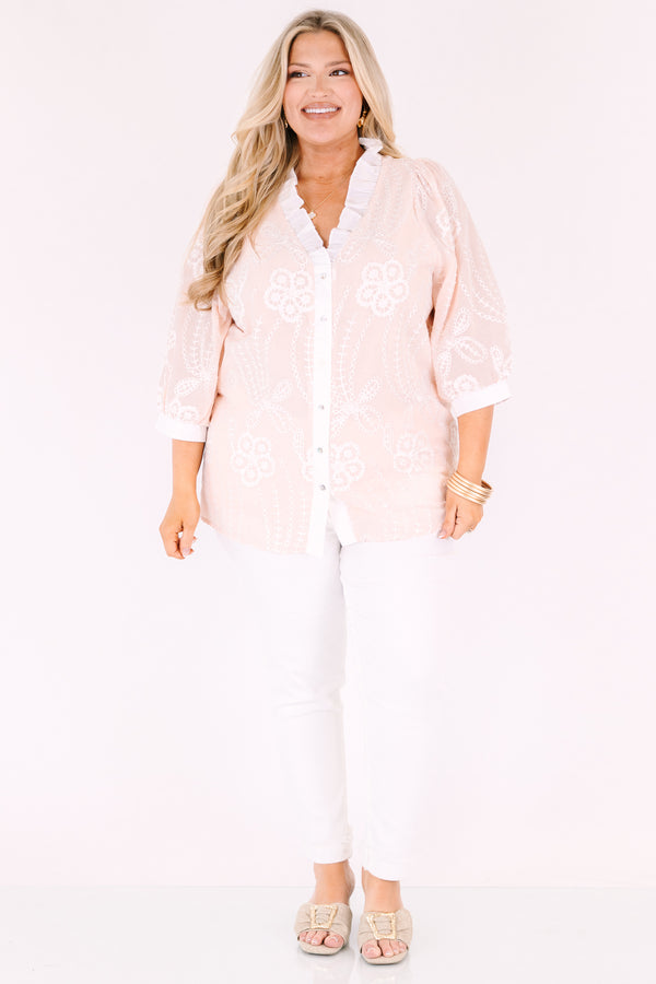 Chic soul plus size clothing, blush pink ¾ sleeve button up top with white floral detailing
