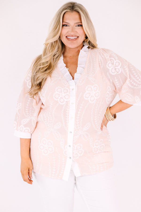 Chic soul plus size clothing, blush pink ¾ sleeve button up top with white floral detailing
