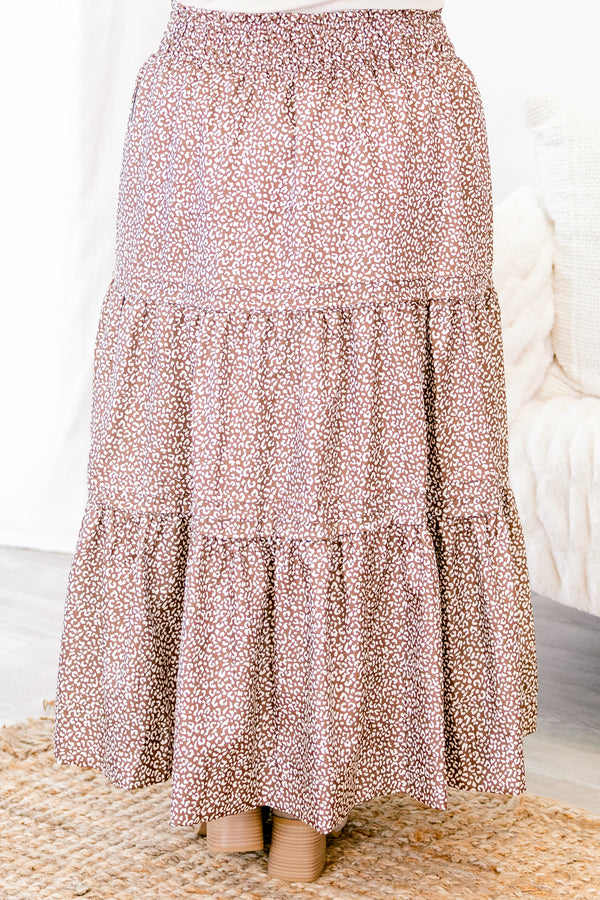Chic Soul plus size clothing, brown tiered maxi skirt with white leopard print 