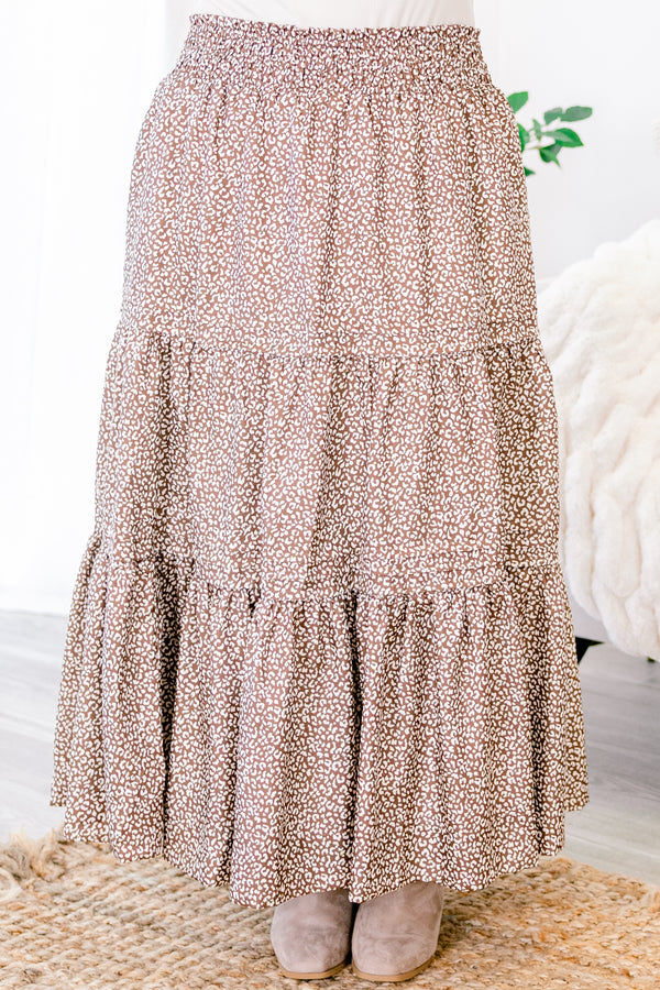 Chic Soul plus size clothing, brown tiered maxi skirt with white leopard print 