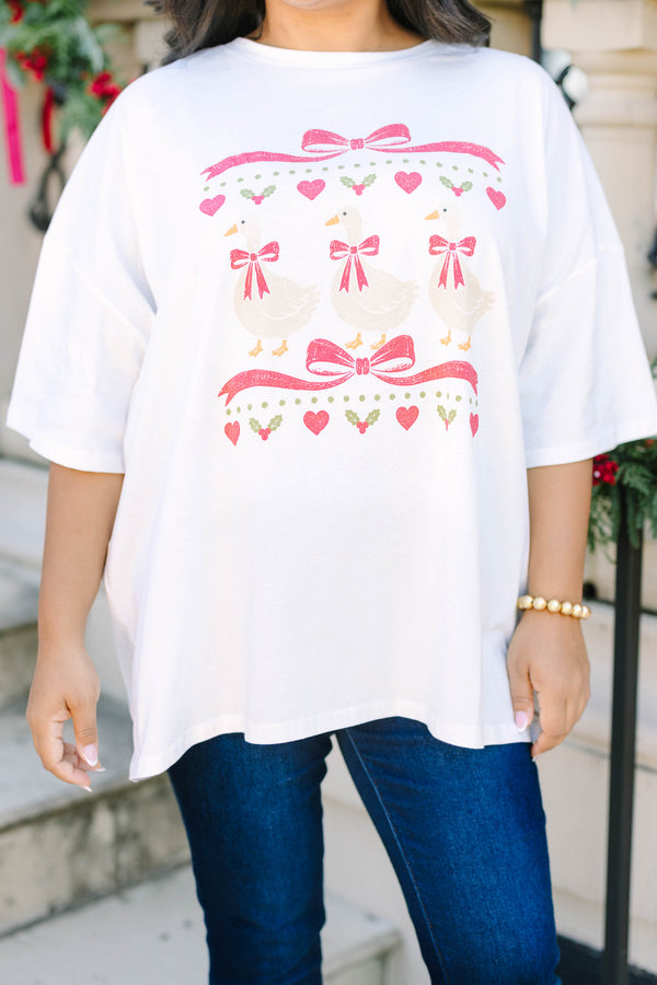 Plus size white Festive Goose Boyfriend Tee with a relaxed fit and holiday graphic.