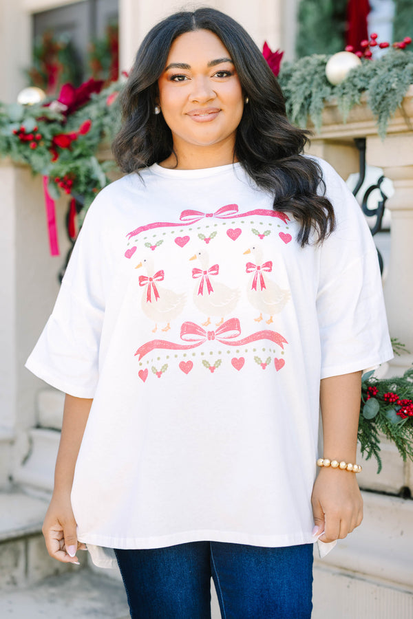 Plus size white Festive Goose Boyfriend Tee with a relaxed fit and holiday graphic.
