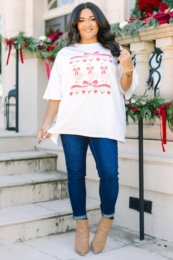 Plus size white Festive Goose Boyfriend Tee with a relaxed fit and holiday graphic.