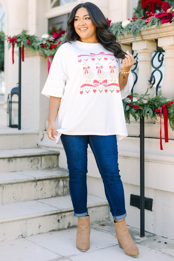Plus size white Festive Goose Boyfriend Tee with a relaxed fit and holiday graphic.