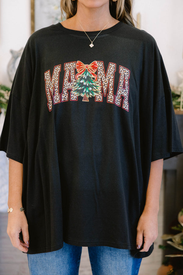 Chic Soul plus size clothing, black short sleeve boyfriend tee with text “mama” in the center with leopard print inside text and christmas tree with bow at the top in the middle of the “mama” text