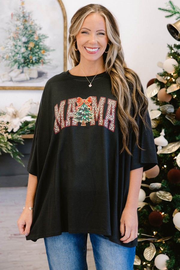 Chic Soul plus size clothing, black short sleeve boyfriend tee with text “mama” in the center with leopard print inside text and christmas tree with bow at the top in the middle of the “mama” text