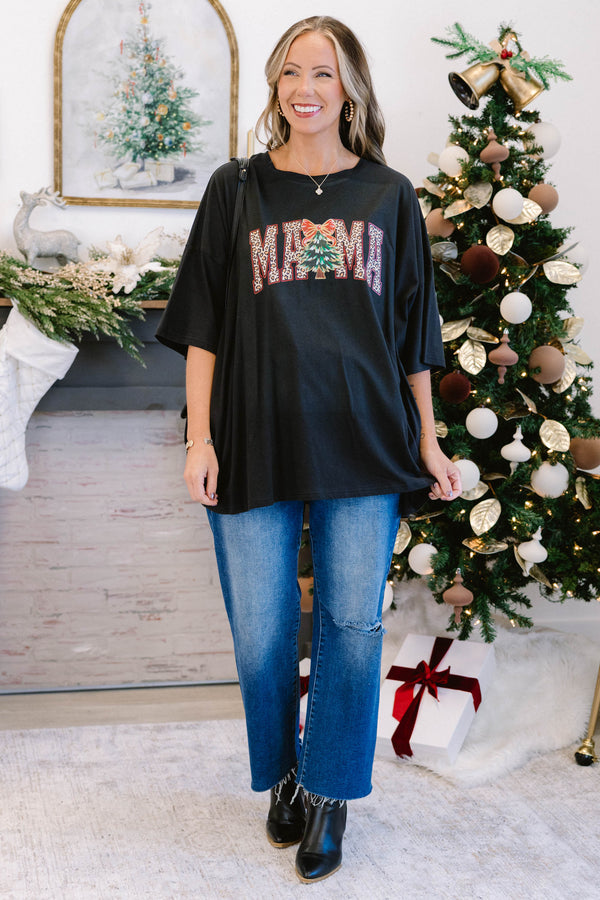 Chic Soul plus size clothing, black short sleeve boyfriend tee with text “mama” in the center with leopard print inside text and christmas tree with bow at the top in the middle of the “mama” text
