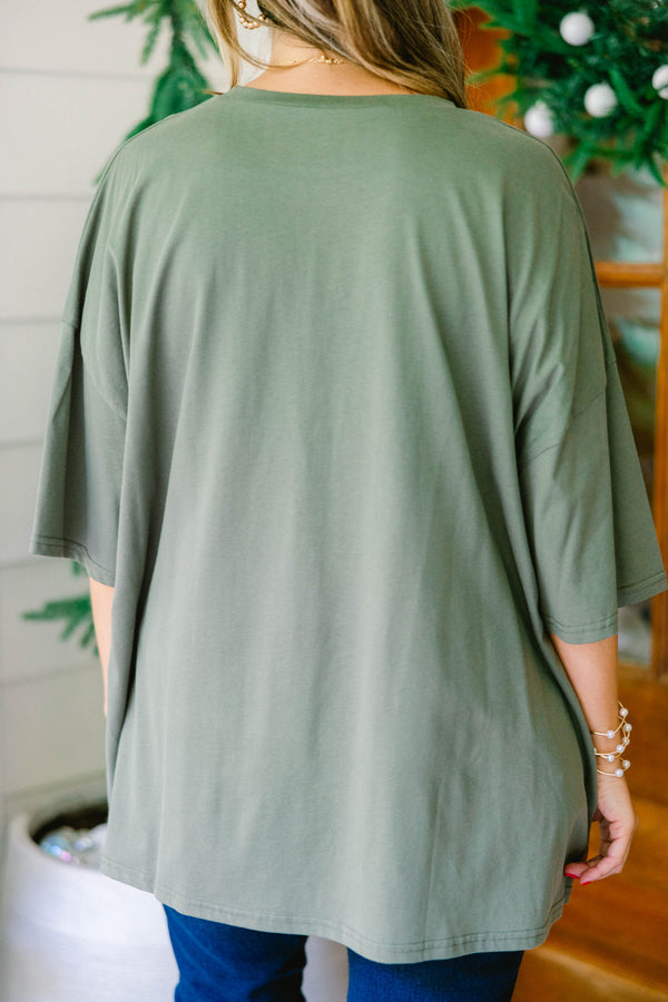 Chic Soul plus size clothing, dark green short sleeve oversized boyfriend graphic tee with 