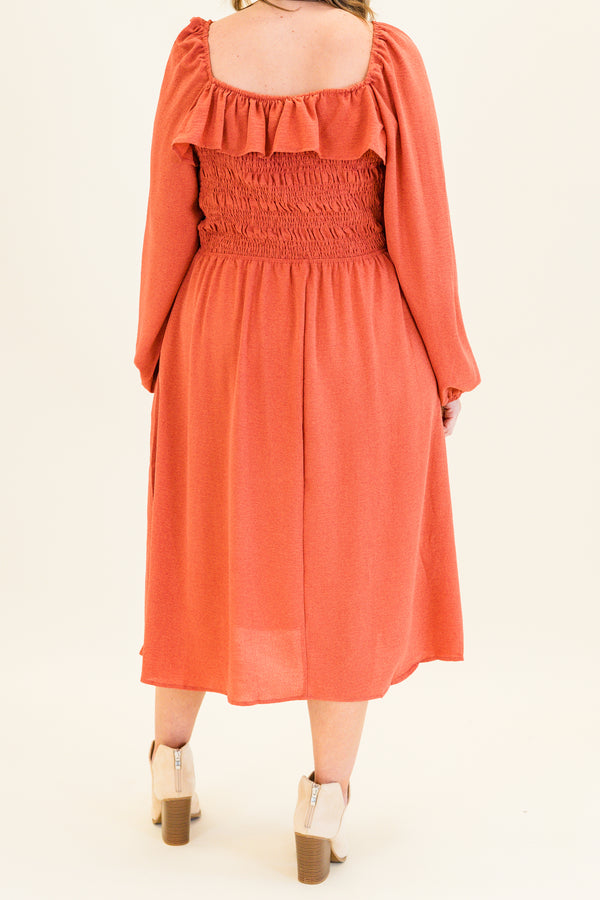 Chic Soul plus size clothing, long-balloon-sleeve terracotta orange baby doll midi dress with ruffled sweetheart neckline 
