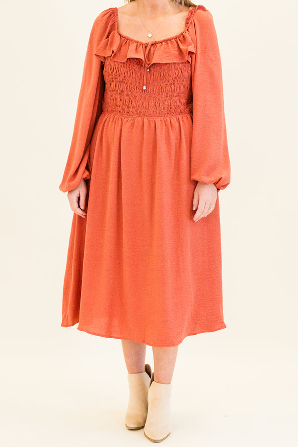 Chic Soul plus size clothing, long-balloon-sleeve terracotta orange baby doll midi dress with ruffled sweetheart neckline 
