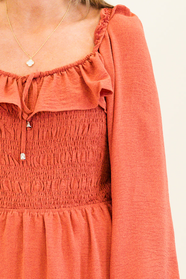 Chic Soul plus size clothing, long-balloon-sleeve terracotta orange baby doll midi dress with ruffled sweetheart neckline 
