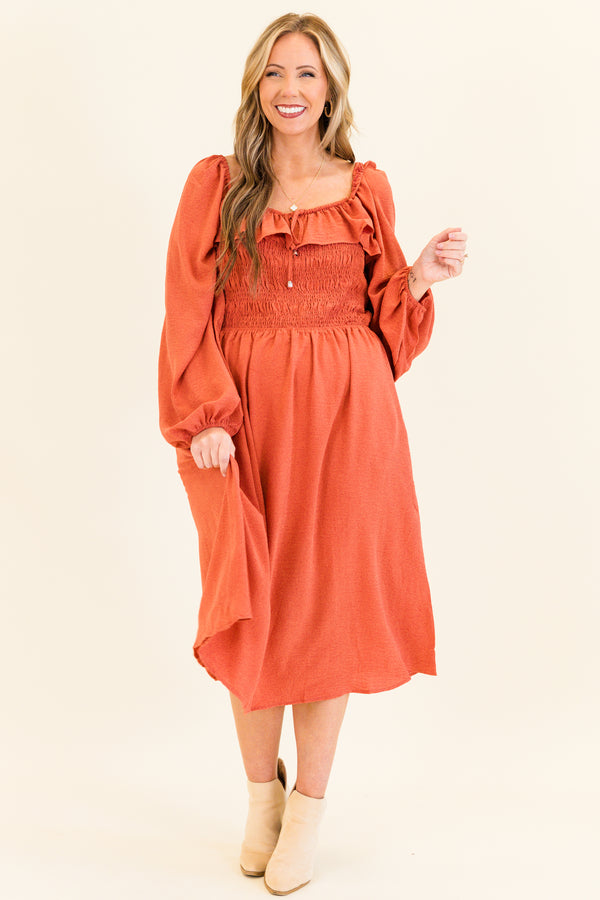 Chic Soul plus size clothing, long-balloon-sleeve terracotta orange baby doll midi dress with ruffled sweetheart neckline 
