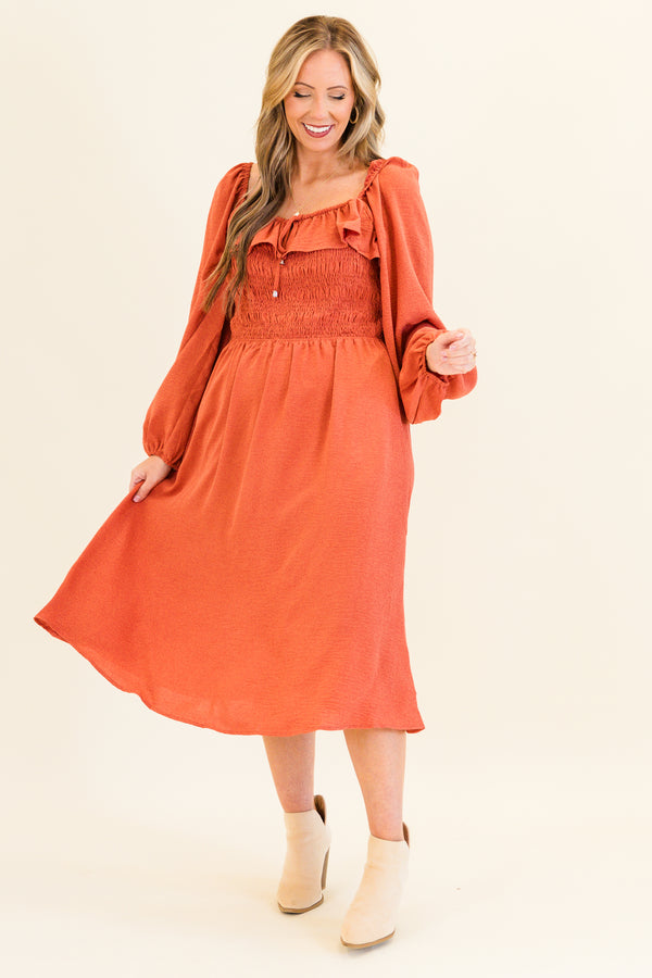 Chic Soul plus size clothing, long-balloon-sleeve terracotta orange baby doll midi dress with ruffled sweetheart neckline 
