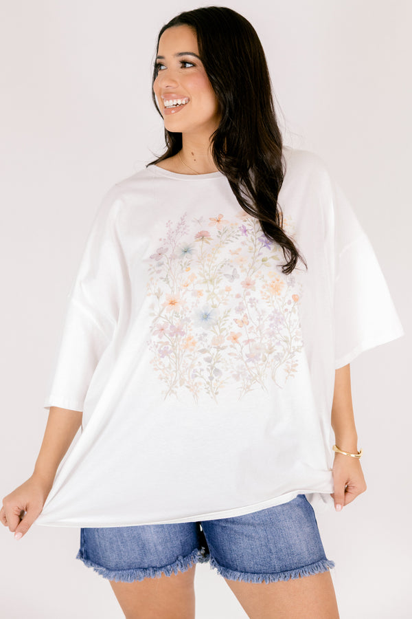 Chic Soul plus size clothing, short sleeve white graphic tee with a square in the center of the tee that has floral graphics in it