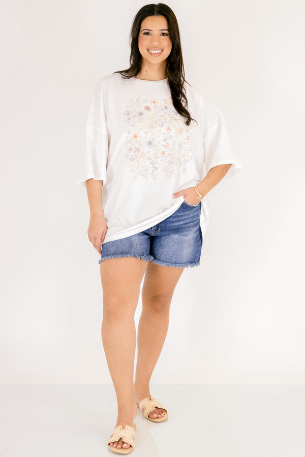 Chic Soul plus size clothing, short sleeve white graphic tee with a square in the center of the tee that has floral graphics in it