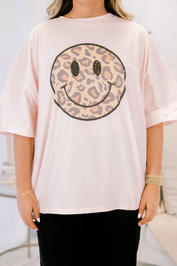Chic Soul plus size clothing, cream pink short sleeve graphic tee with a cheetah print smiley face graphic on the center of the shirt