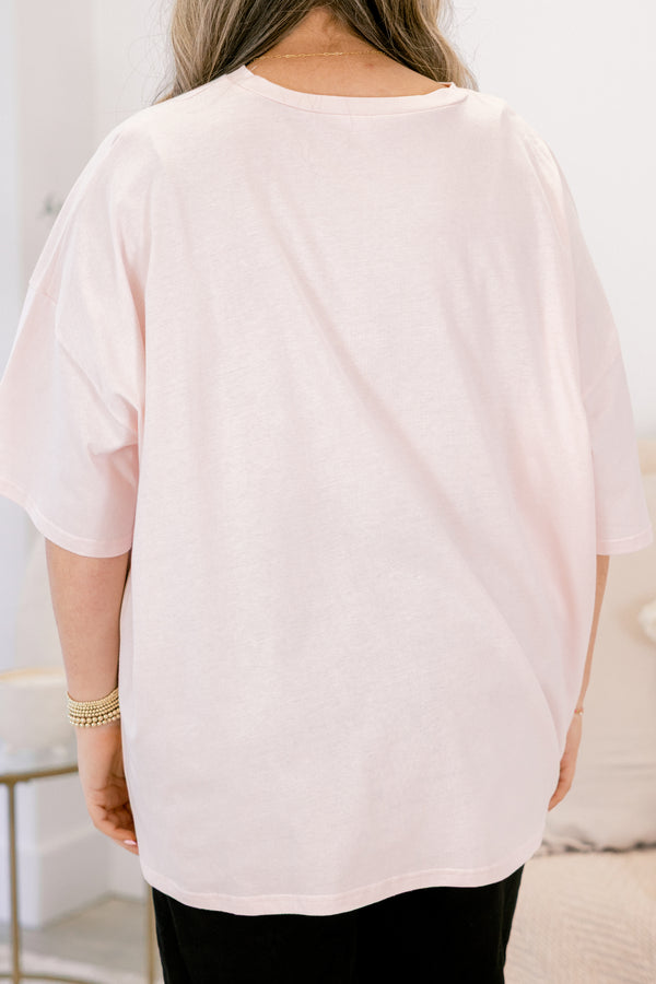 Chic Soul plus size clothing, cream pink short sleeve graphic tee with a cheetah print smiley face graphic on the center of the shirt