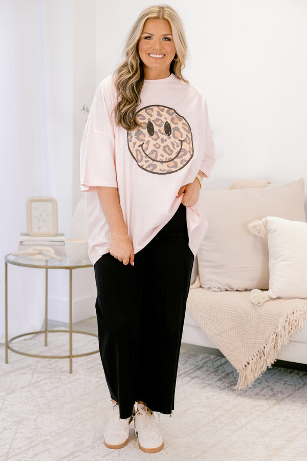 Chic Soul plus size clothing, cream pink short sleeve graphic tee with a cheetah print smiley face graphic on the center of the shirt