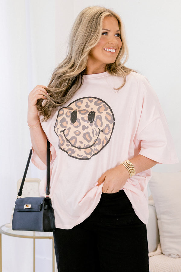 Chic Soul plus size clothing, cream pink short sleeve graphic tee with a cheetah print smiley face graphic on the center of the shirt