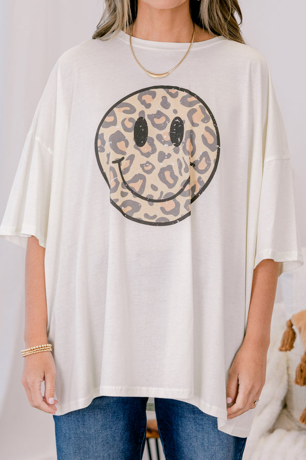 Chic Soul plus size clothing, ivory oversized boyfriend tee with cheetah print smiley face printed on the chest