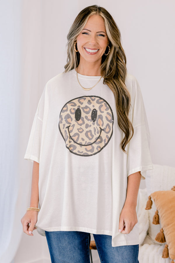 Chic Soul plus size clothing, ivory oversized boyfriend tee with cheetah print smiley face printed on the chest
