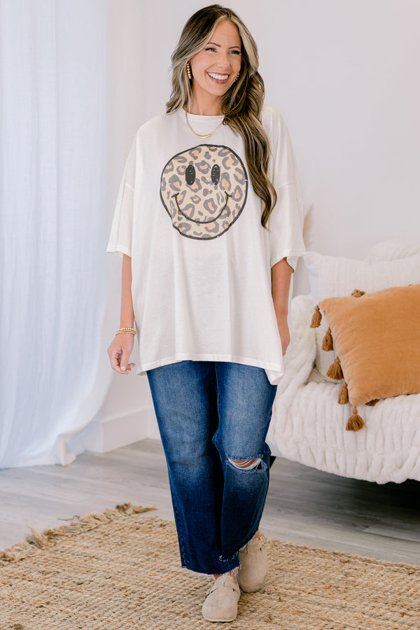 Chic Soul plus size clothing, ivory oversized boyfriend tee with cheetah print smiley face printed on the chest