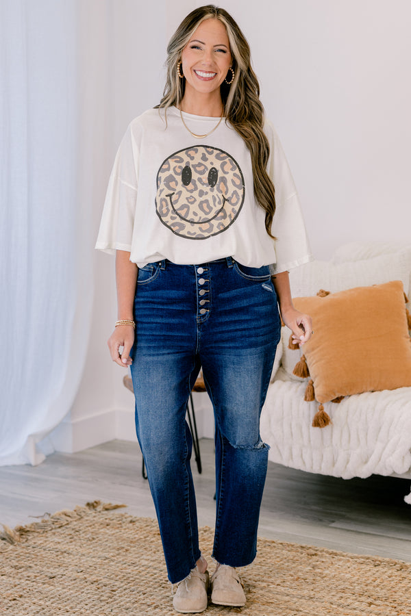 Chic Soul plus size clothing, ivory oversized boyfriend tee with cheetah print smiley face printed on the chest