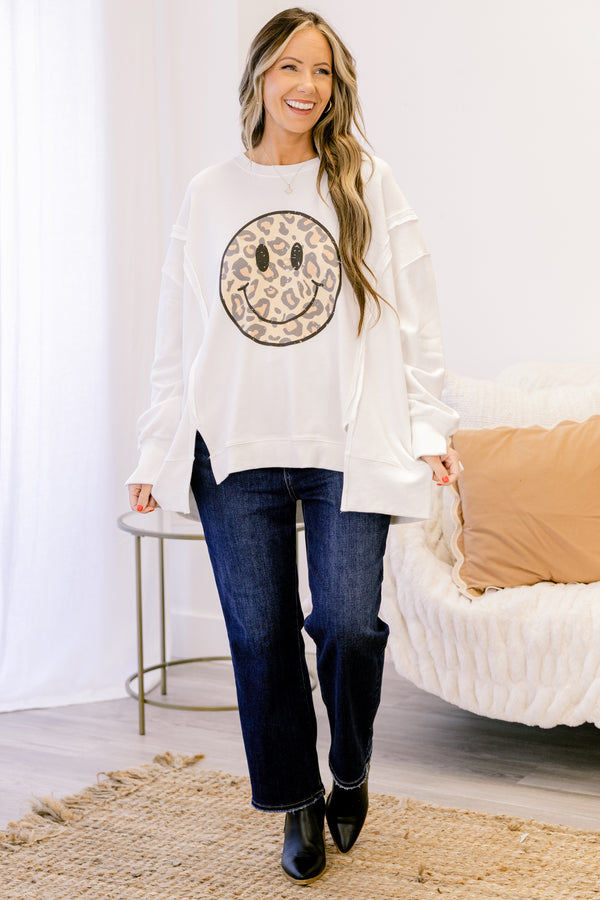 Chic Soul plus size clothing, ivory long sleeve crew neck with leopard print smiley face graphic in the middle