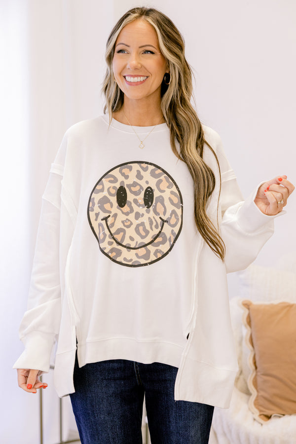 Chic Soul plus size clothing, ivory long sleeve crew neck with leopard print smiley face graphic in the middle