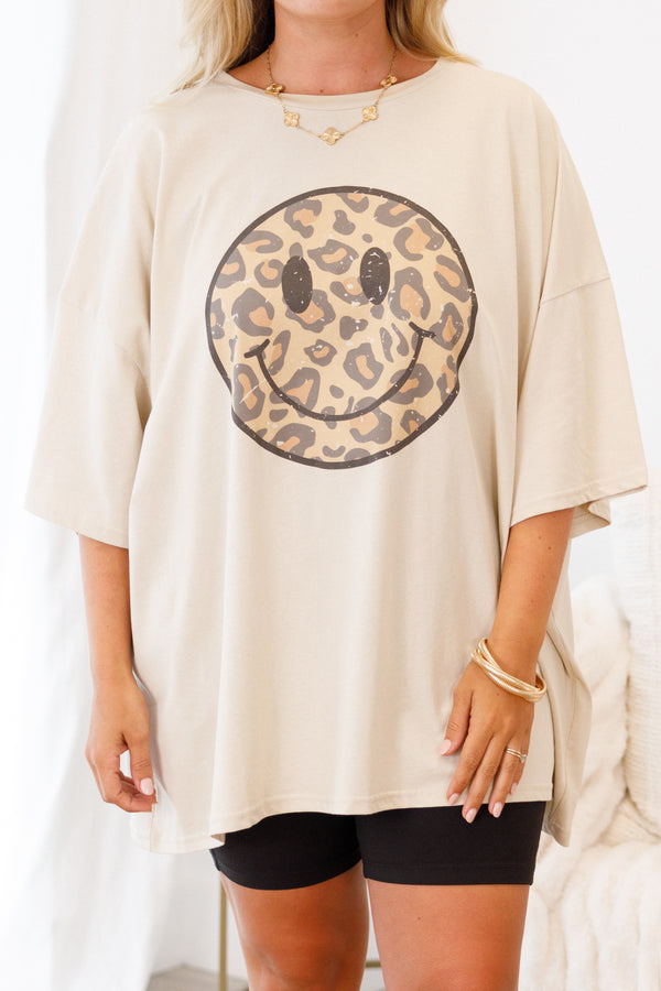 Chic Soul plus size clothing, light brown half sleeve crewneck tee with leopard print smiley face graphic