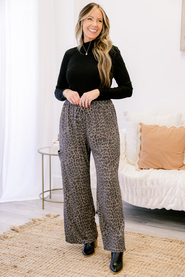 Chic Soul plus size clothing, brown leopard drawstring flowy pants with cargo pockets on the side 