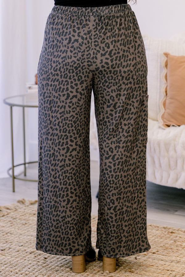 Chic Soul plus size clothing, brown leopard drawstring flowy pants with cargo pockets on the side 