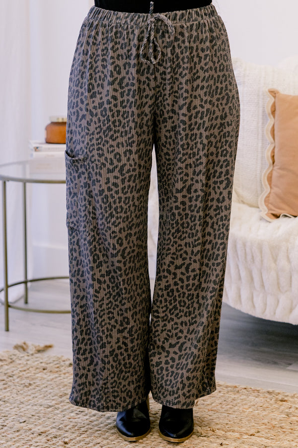Chic Soul plus size clothing, brown leopard drawstring flowy pants with cargo pockets on the side 